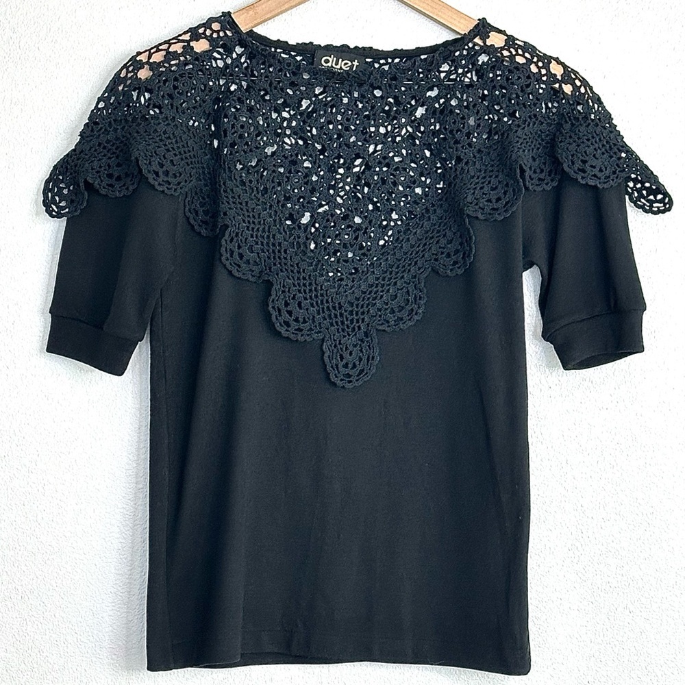 Vintage Crochet Black Duet Top Sz S Rare Boho Cottagecore